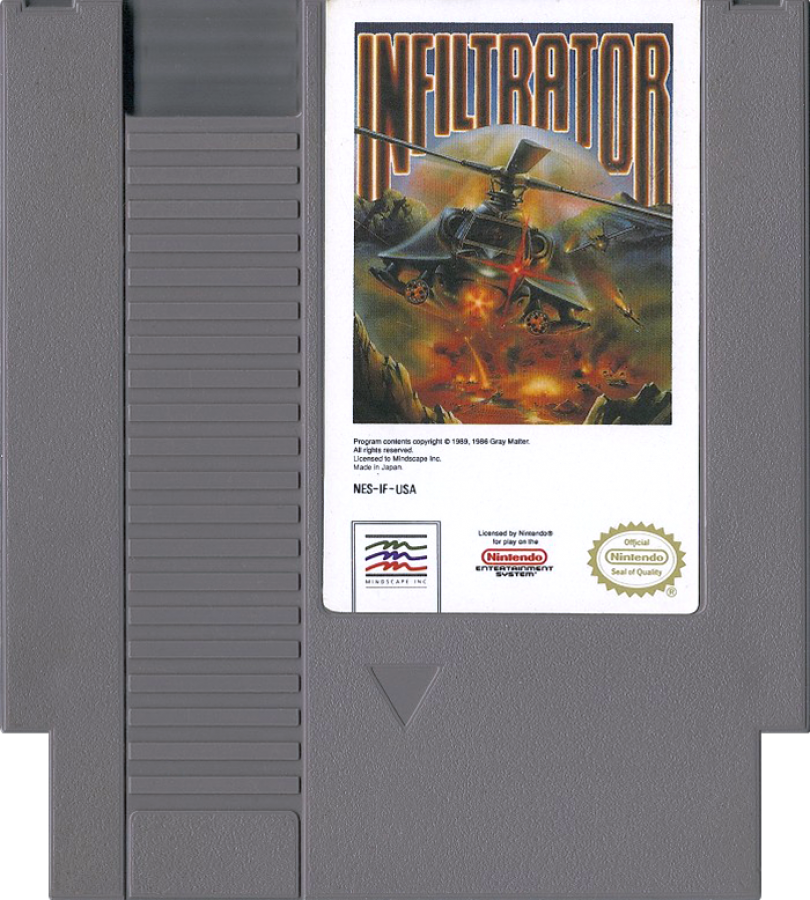 Infiltrator Complete in Box CIB Nintendo Entertainment System NES for retro video game enthusiasts featuring military action gameplay helicopter flight missions strategic infiltration on foot combat stealth objectives classic 8 bit action complete in box collectible gaming appeal cartridge