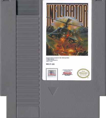 Infiltrator Complete in Box CIB Nintendo Entertainment System NES for retro video game enthusiasts featuring military action gameplay helicopter flight missions strategic infiltration on foot combat stealth objectives classic 8 bit action complete in box collectible gaming appeal cartridge
