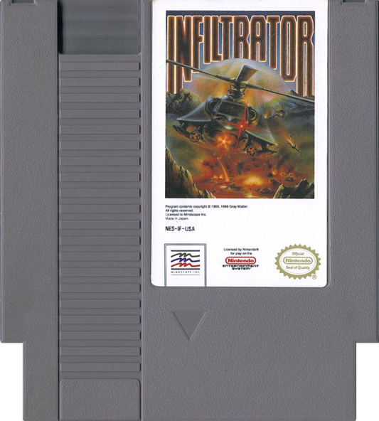 Infiltrator Complete in Box CIB Nintendo Entertainment System NES for retro video game enthusiasts featuring military action gameplay helicopter flight missions strategic infiltration on foot combat stealth objectives classic 8 bit action complete in box collectible gaming appeal cartridge