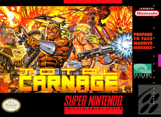 Total Carnage for Super Nintendo top down run and gun arcade shooter featuring explosive action rescue missions power ups and two player co op gameplay cover art