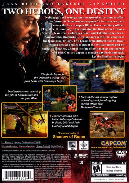 Onimusha 3 Demon Siege for the PlayStation 2 featuring action adventure gameplay with samurai and modern day characters demon slaying combat cinematic storytelling and time travel between feudal Japan and Paris back cover art