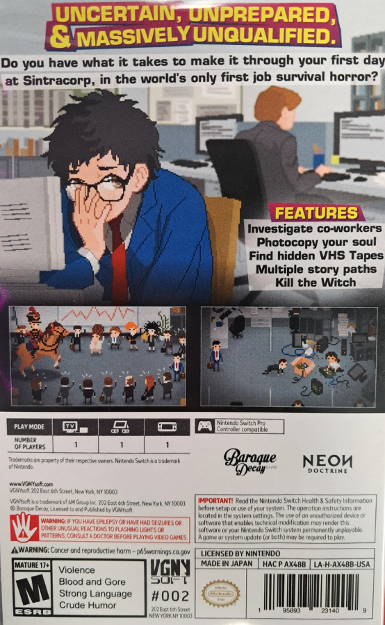 Yuppie Psycho Executive Edition Nintendo Switch for survival horror adventure video game fans featuring psychological horror gameplay office nightmare exploration puzzle solving stealth mechanics dark humor mysterious storyline retro inspired visuals expanded edition content collectible gaming appeal back cover