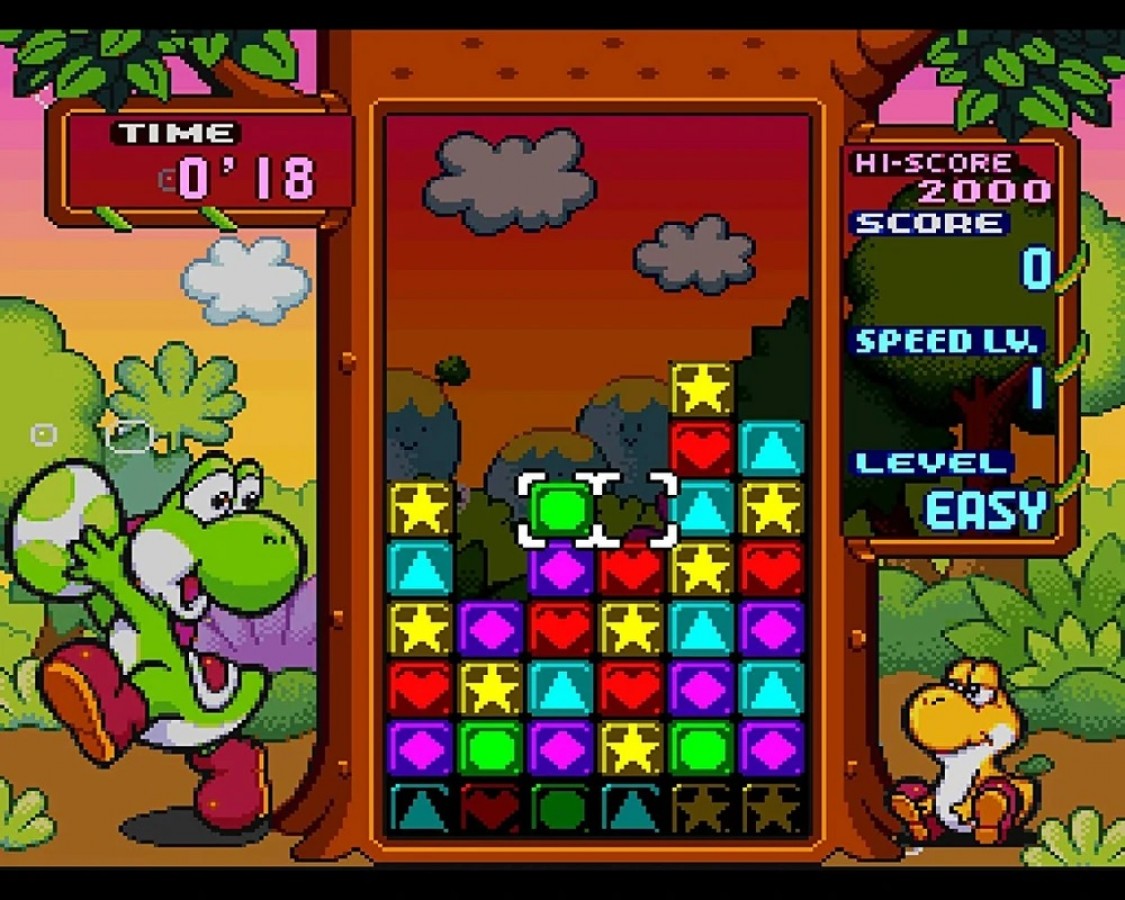 Tetris Attack Super Nintendo SNES puzzle game tile matching panel de pon style gameplay fast paced competitive versus mode Yoshi Nintendo classic retro 16 bit gaming Super Nintendo Entertainment System software video game title gameplay