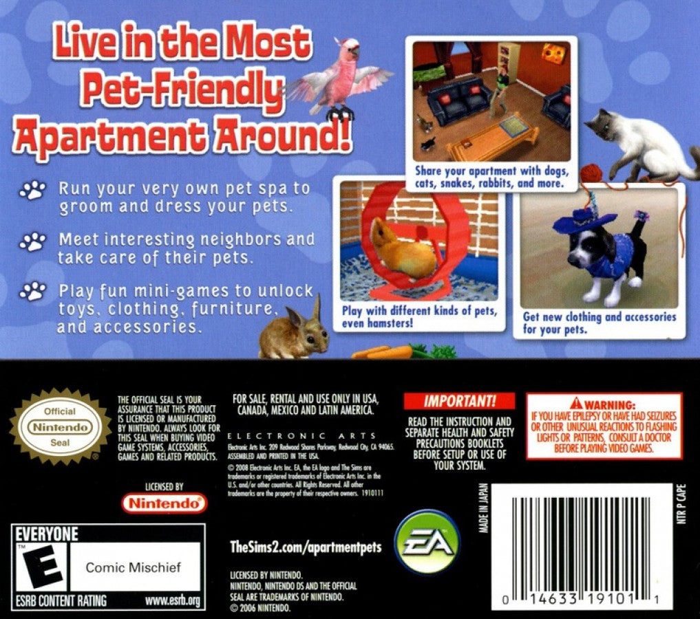 The Sims: 2 Apartment Pets back cover art for Nintendo DS (DS) video game