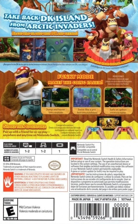 Donkey Kong Country: Tropical Freeze back cover art for Nintendo Switch (NS) featuring side‑scrolling platform action with dynamic levels, cooperative play, and classic Donkey Kong characters. 