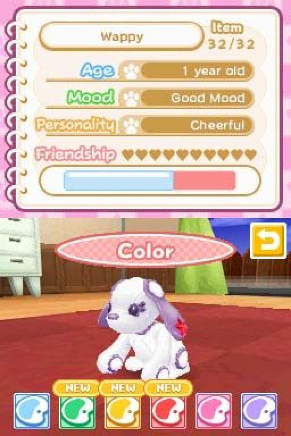 Wappy Dog for Nintendo DS, gameplay for a pet simulation video game with interactive dog toy connectivity, mini-games, voice commands, and family-friendly gameplay