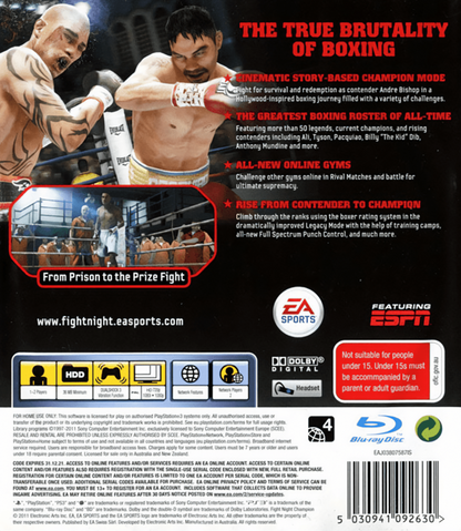Fight Night Champion PlayStation 3 boxing sports video game featuring cinematic story-driven Champion Mode authentic physics-based gameplay and deep online multiplayer career back cover