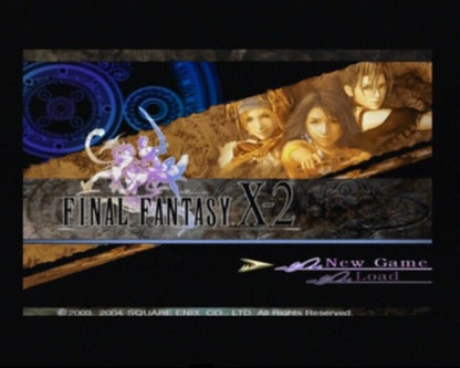 Final Fantasy X-2 title screen for PlayStation 2 (PS2) fantasy role-playing adventure video game