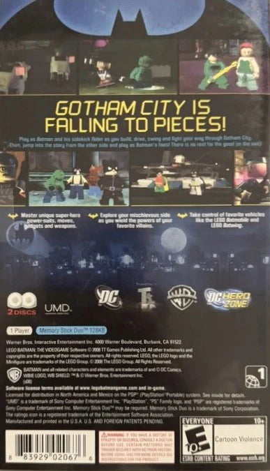 LEGO Batman The Videogame PlayStation Portable PSP for retro video game enthusiasts featuring action adventure gameplay LEGO styled Batman universe characters cooperative inspired puzzle solving comic book themed missions platforming challenges humorous storytelling and collectible gaming appeal back cover