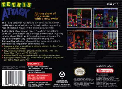 Tetris Attack for Super Nintendo Entertainment System with colorful tile-matching puzzle gameplay theme back cover