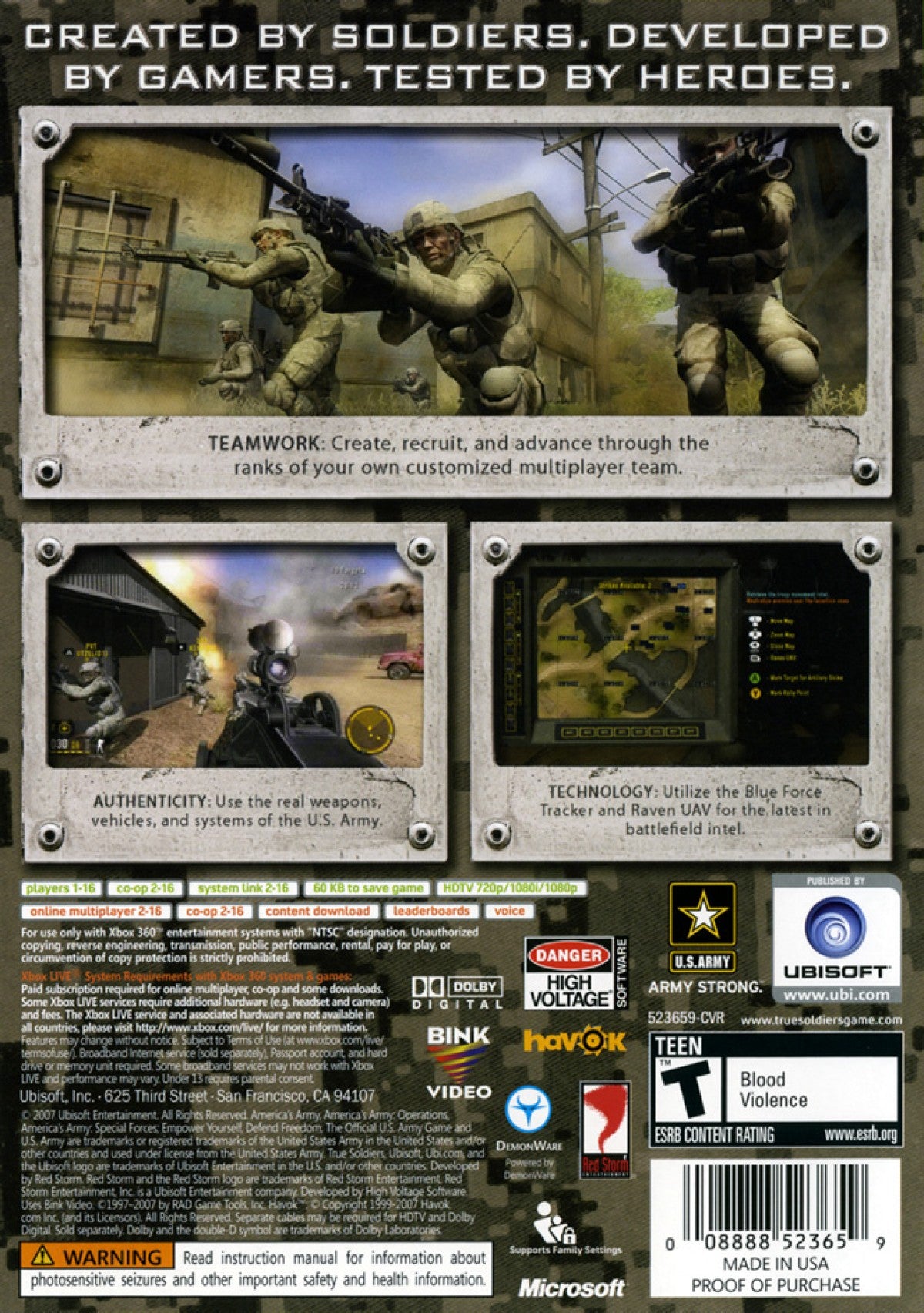 Americas Army True Soldiers retro Xbox 360 video game featuring military shooter gameplay, tactical combat missions, squad based action and classic Xbox 360 entertainment - back of case