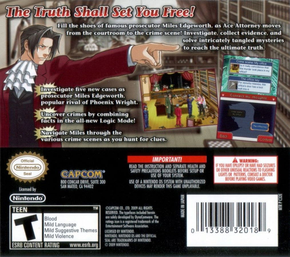 Ace Attorney Investigations: Miles Edgeworth back of case for Nintendo DS (DS) detective visual novel adventure video game