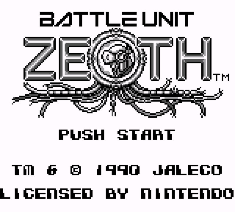 Battle Unit Zeoth [Missing Manuals/Inserts] for Game Boy (GB) featuring a sci fi top down shooter where you pilot a transforming mech tank through intense missions; blast enemies collect upgrades and survive challenging stages in this boxed copy missing the original manuals and inserts main menu title screen