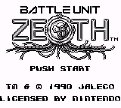Battle Unit Zeoth [Missing Manuals/Inserts] for Game Boy (GB) featuring a sci fi top down shooter where you pilot a transforming mech tank through intense missions; blast enemies collect upgrades and survive challenging stages in this boxed copy missing the original manuals and inserts main menu title screen