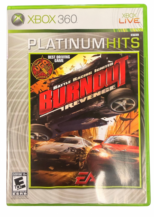 Burnout Revenge Platinum Hits Xbox 360 video game featuring high speed arcade racing gameplay crash mode destruction challenges aggressive driving traffic collisions takedown mechanics competitive races and classic Xbox 360 racing gameplay retro video game collection collectible gaming appeal cover art