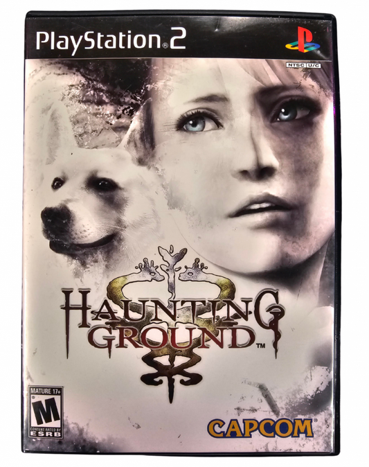Haunting Ground PlayStation 2 PS2 survival horror video game featuring Fiona Belli exploration of a mysterious castle stealth gameplay puzzle solving terrifying enemies survival mechanics companion dog Hewie atmospheric environments and classic PlayStation 2 PS2 gameplay collectible retro gaming appeal front cover art