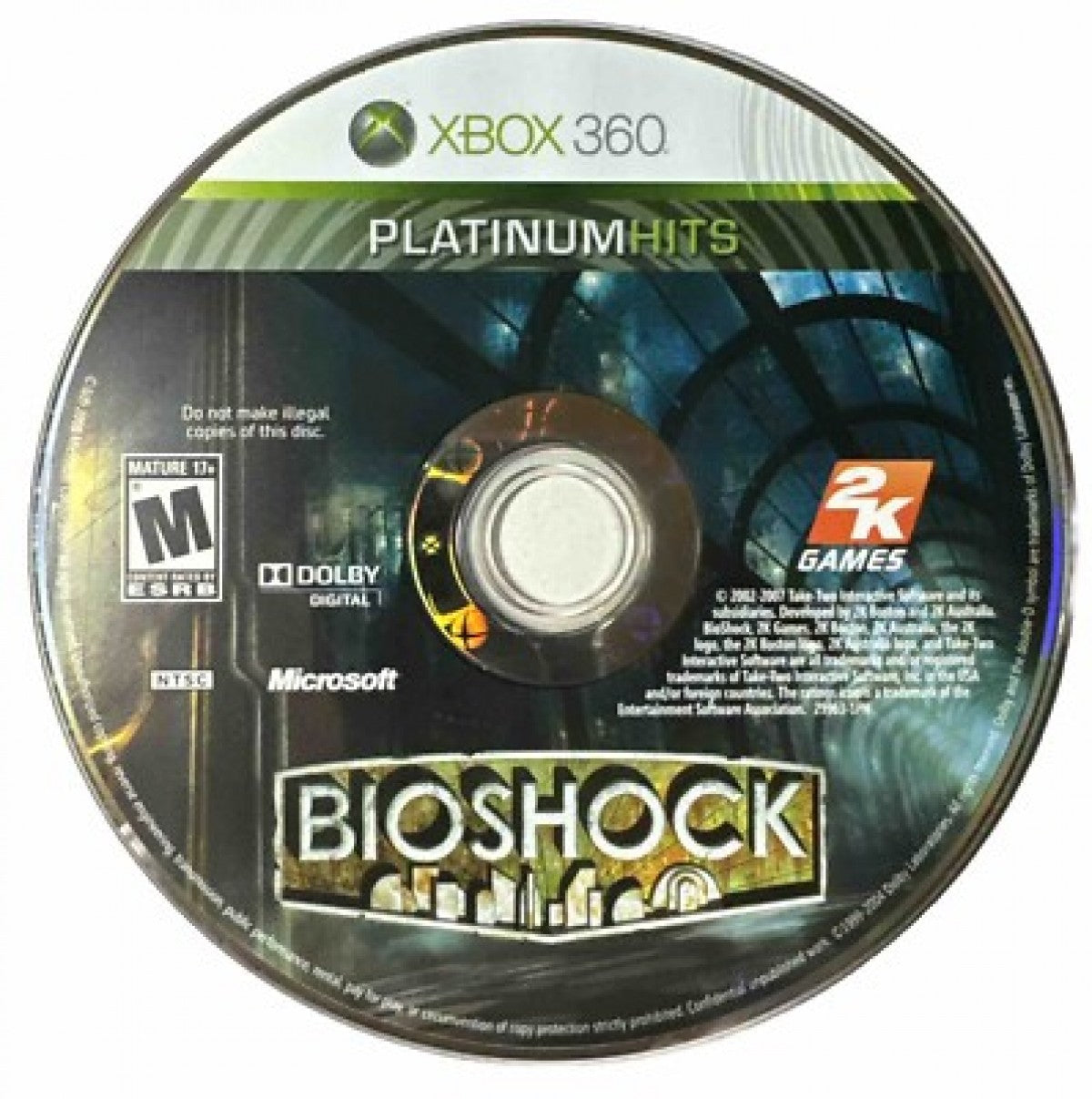 BioShock [Platinum Hits] for Xbox 360 (X360) at Gamers INC, featuring the award-winning first-person masterpiece that plunges you into the decaying underwater utopia of Rapture, where you use genetically modifying Plasmids and salvaged weaponry to survive a dark, atmospheric story of philosophy and betrayal in a budget-friendly Platinum Hits edition disc
