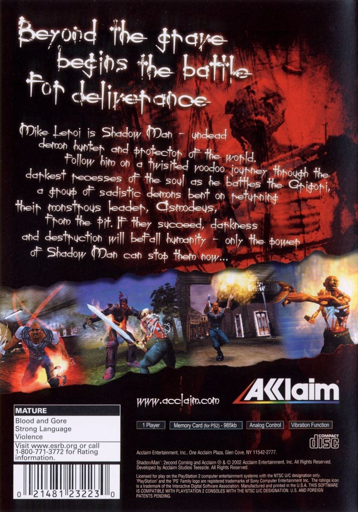 Shadow Man 2econd Coming PS2 Sony PlayStation 2 action adventure horror game third person combat supernatural powers voodoo themed story exploration dark atmosphere Acclaim Entertainment retro gaming PlayStation 2 software video game title back cover art