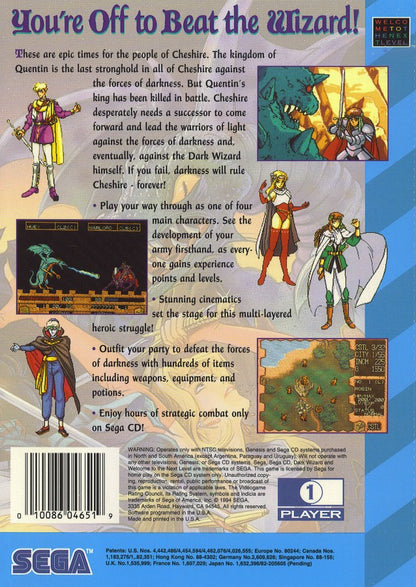Dark Wizard Sega CD strategy RPG tactical combat fantasy kingdom warfare turn based battles multiple campaigns character classes magic spells grid based strategy Sega CD exclusive Working Designs localization retro gaming Sega CD software video game title back cover art
