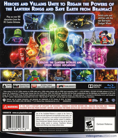 LEGO Batman 3 Beyond Gotham PlayStation 3 action-adventure video game featuring Batman Robin Justice League Lantern worlds outer space setting Brainiac villain character swapping puzzle solving brick-building humor collectible studs DC Comics superhero roster Lantern rings powers back cover