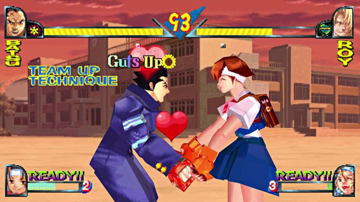 Retro Rival Schools PS1 cover art inspired design featuring classic PlayStation fighting game aesthetic vintage anime combat characters arcade style action gaming fan apparel nostalgic 90s Capcom fighter merch gameplay