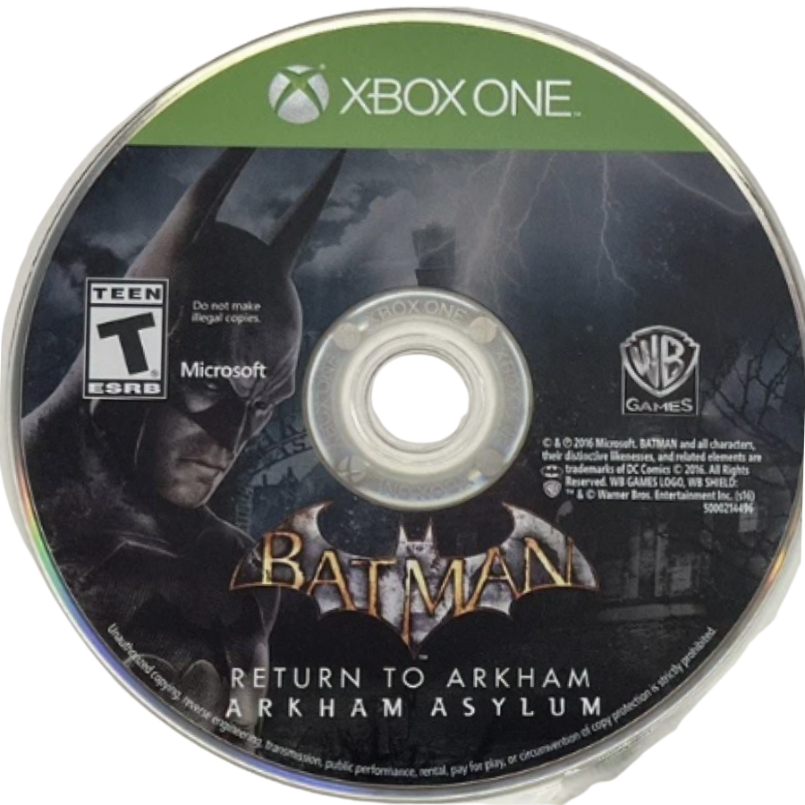 Batman: Return to Arkham for Xbox One (XONE) at Gamers INC, featuring remastered versions of Batman: Arkham Asylum and Batman: Arkham City with all DLC included for the ultimate Dark Knight experience on your Xbox console Arkham Asylum disc