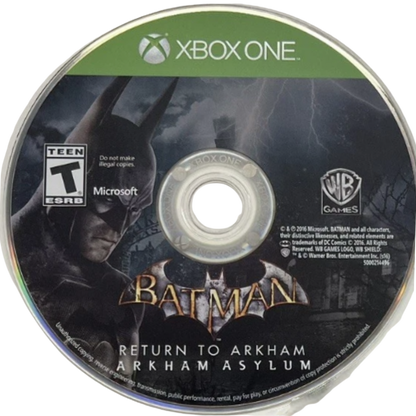 Batman: Return to Arkham for Xbox One (XONE) at Gamers INC, featuring remastered versions of Batman: Arkham Asylum and Batman: Arkham City with all DLC included for the ultimate Dark Knight experience on your Xbox console Arkham Asylum disc