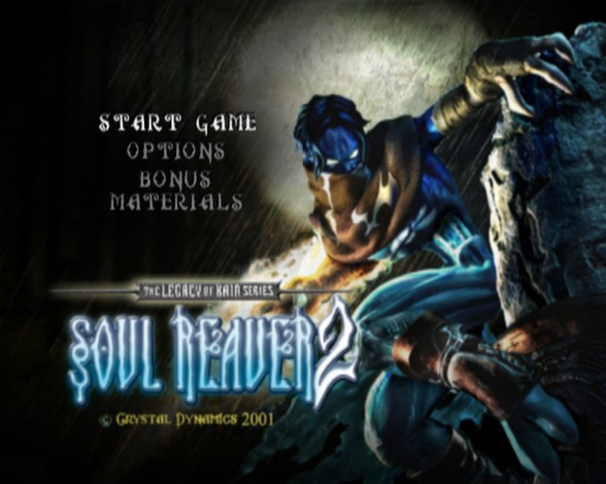 Legacy of Kain Soul Reaver 2 PS2 Sony PlayStation 2 action adventure gothic puzzle platformer Raziel vampire wraith combat time travel narrative dark fantasy story exploration dimension shifting gameplay Crystal Dynamics retro gaming PlayStation 2 software video game title start screen