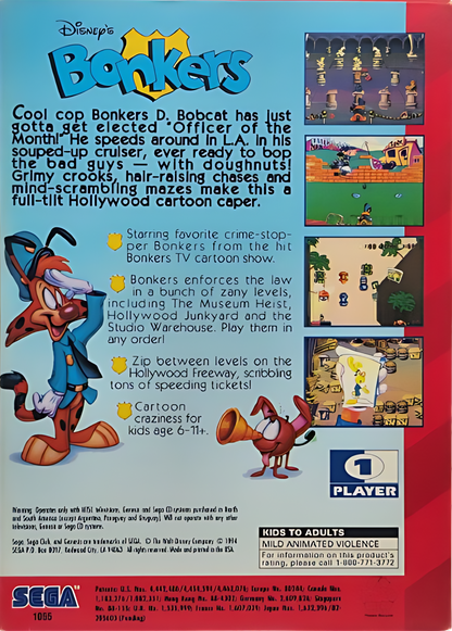 Bonkers Sega Genesis for retro video game enthusiasts featuring side scrolling action platforming gameplay Disney cartoon inspired adventure colorful levels enemy encounters cartoon themed challenges classic 16 bit gaming and collectible gaming appeal back cover 
