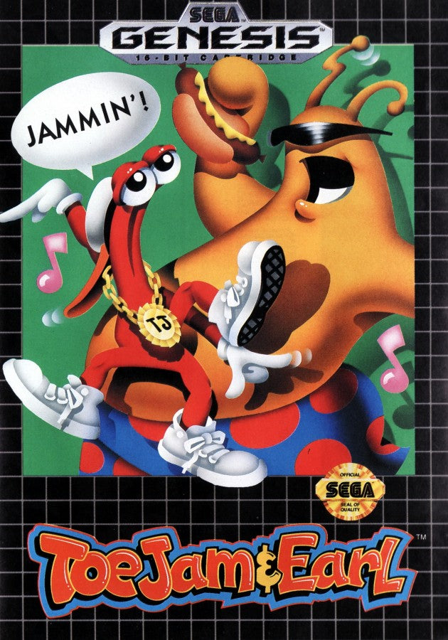 ToeJam and Earl Sega Genesis GEN for retro video game enthusiasts featuring action adventure gameplay cooperative multiplayer exploration randomly generated levels quirky humor unique alien characters funky soundtrack and collectible gaming appeal front cover