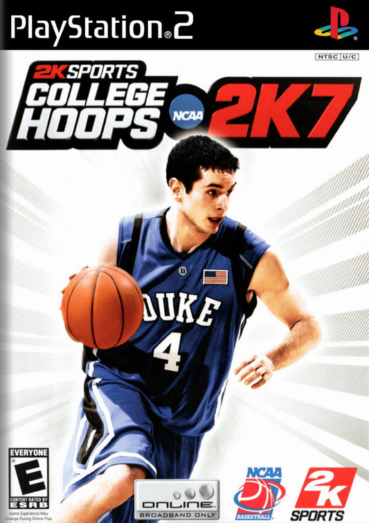 College Hoops 2K7 game for the PlayStation 2 featuring college basketball gameplay with authentic teams and arenas legacy mode dynasty building and realistic court action for NCAA fans font cover