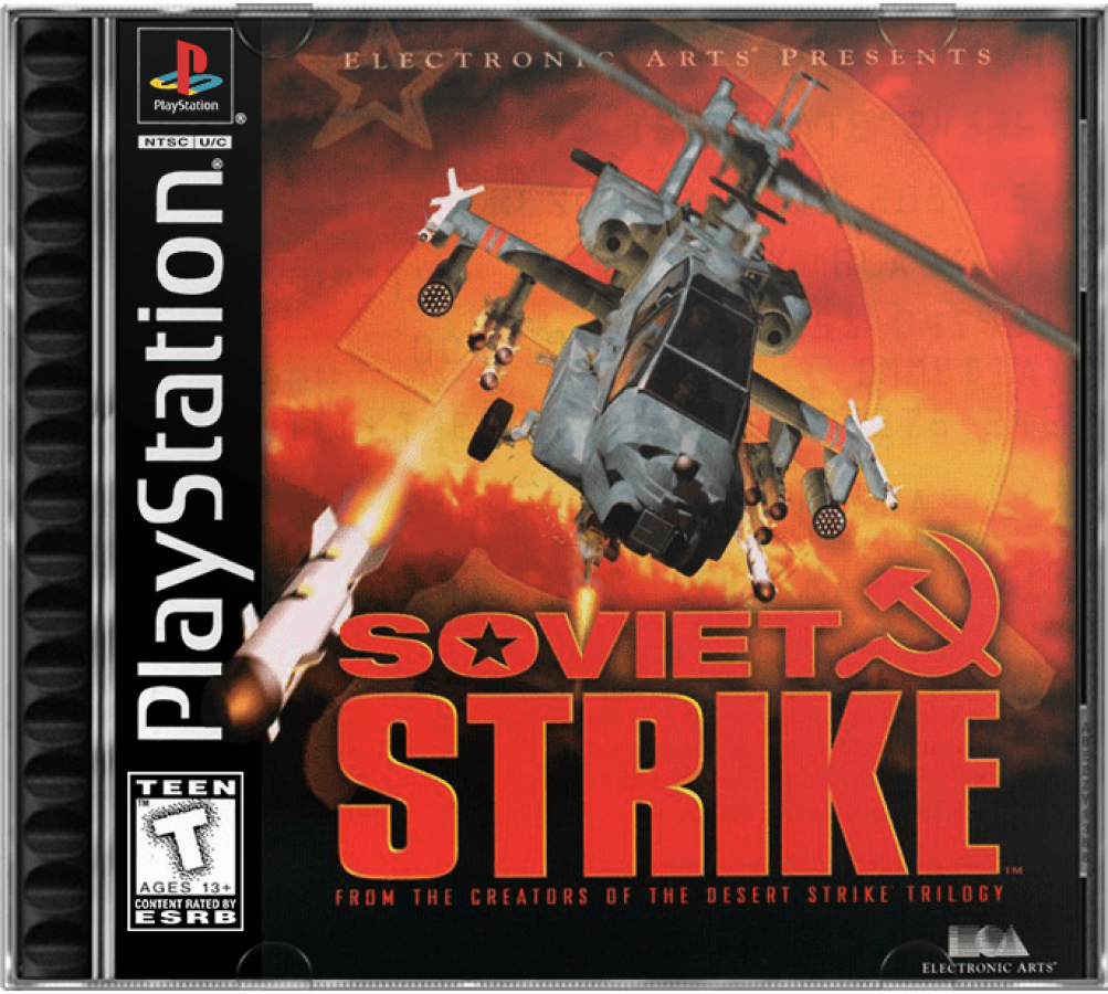 Soviet Strike PlayStation 1 PS1 helicopter combat action video game Electronic Arts sequel to Desert Strike mission-based gameplay striking Soviet Union forces campaign saving hostages destroying targets Cold War era cover art
