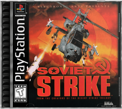 Soviet Strike PlayStation 1 PS1 helicopter combat action video game Electronic Arts sequel to Desert Strike mission-based gameplay striking Soviet Union forces campaign saving hostages destroying targets Cold War era cover art