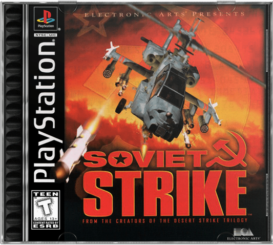Soviet Strike PlayStation 1 PS1 helicopter combat action video game Electronic Arts sequel to Desert Strike mission-based gameplay striking Soviet Union forces campaign saving hostages destroying targets Cold War era cover art