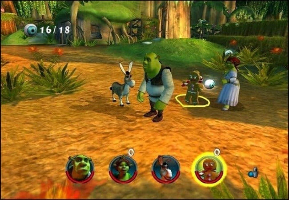 Gameplay for Shrek 2 GameCube GC video game, action adventure platformer, movie tie-in, family-friendly gameplay, multiplayer, classic Nintendo GameCube title