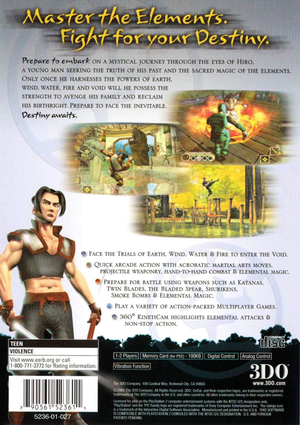 Godaai Elemental Force PS2 Sony PlayStation 2 action adventure fantasy RPG elemental powers fire water earth air combat magic based gameplay dungeon exploration boss battles retro gaming PlayStation 2 software video game title back cover art