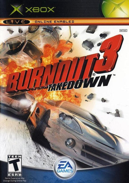Burnout 3 Takedown Microsoft Xbox Original Xbox video game featuring high speed racing gameplay intense vehicle crashes takedown mechanics traffic racing road rage events crash mode and fast paced arcade driving action retro video game collection collectible gaming appeal cover art