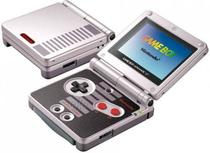 Game Boy Advance SP GBA SP AGS-101 NES Edition handheld gaming console featuring iconic NES inspired design bright backlit AGS-101 screen foldable clamshell form factor rechargeable battery Game Boy Advance and compatible Game Boy Color games portable gaming and visible scratches and scuffs collectible Nintendo hardware appeal
