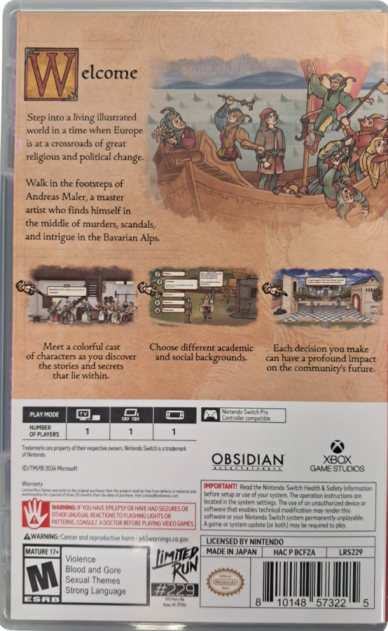 Pentiment Limited Run #229 Nintendo Switch inspired design featuring historical narrative adventure aesthetic illuminated manuscript inspired artwork medieval mystery storytelling branching dialogue choices investigative gameplay rich period detail and atmospheric illustrated presentation back cover