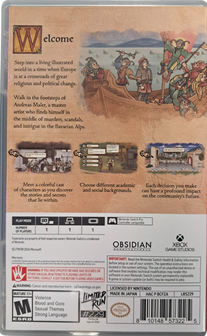 Pentiment Limited Run #229 Nintendo Switch inspired design featuring historical narrative adventure aesthetic illuminated manuscript inspired artwork medieval mystery storytelling branching dialogue choices investigative gameplay rich period detail and atmospheric illustrated presentation back cover