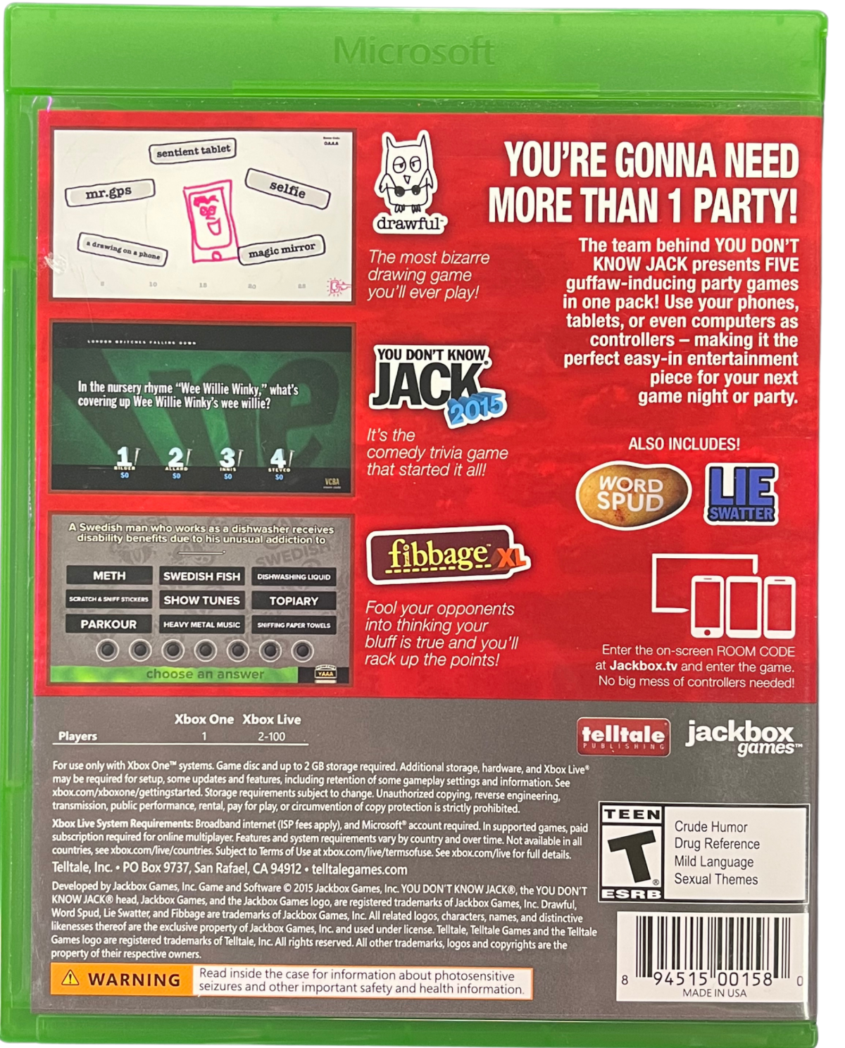 The Jackbox Party Pack Xbox One for retro video game enthusiasts featuring multiplayer party game gameplay trivia drawing word challenges smartphone controller integration local group entertainment humorous mini games and collectible gaming appeal back art 