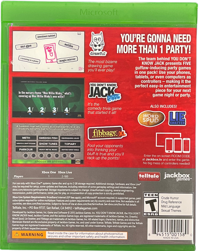 The Jackbox Party Pack Xbox One for retro video game enthusiasts featuring multiplayer party game gameplay trivia drawing word challenges smartphone controller integration local group entertainment humorous mini games and collectible gaming appeal back art 