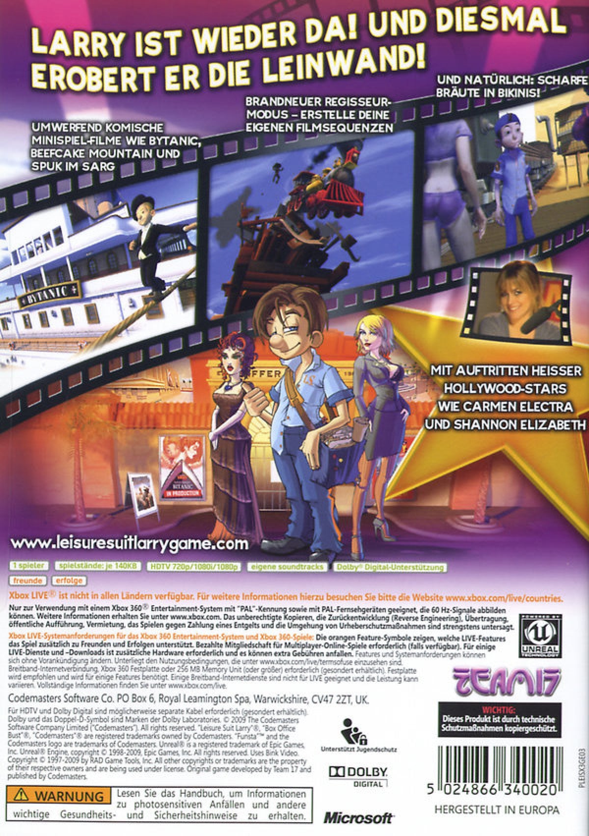 Leisure Suit Larry Box Office Bust game for the Xbox 360 featuring comedic action adventure gameplay with open environments mini games character interactions and humor driven missions following Larry Lovage in a modern parody setting back cover 