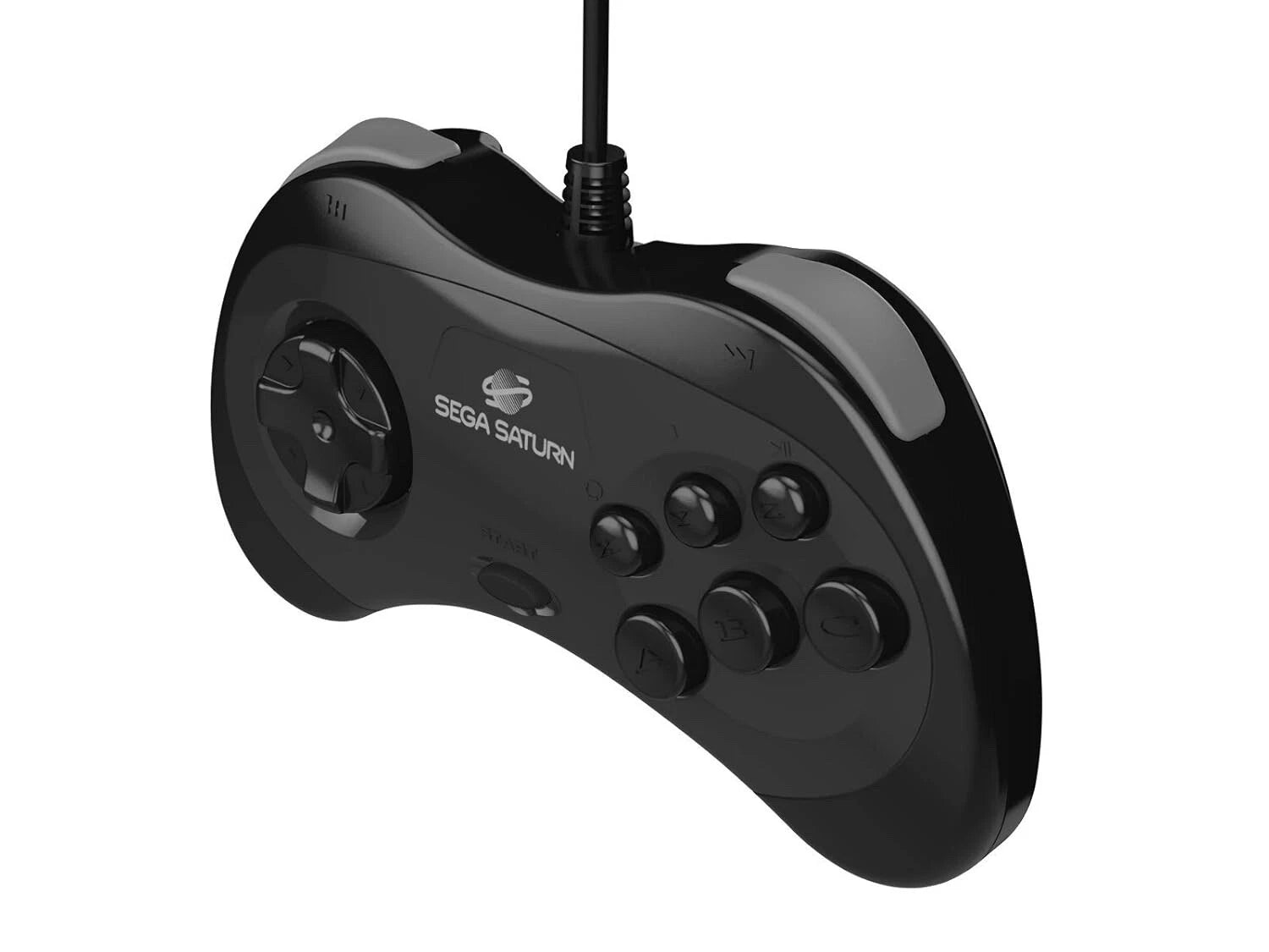 Retro Bit Sega Saturn Controller inspired design featuring classic 90s gaming accessory aesthetic six button arcade style layout precision D pad wired retro console compatibility faithful Sega Saturn reproduction controller nostalgic fighting game and arcade gameplay presentation front angle