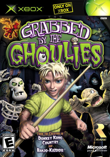 Grabbed by the Ghoulies retro Xbox video game Grabbed by the Ghoulies spooky action adventure beat em up platform style comedy horror game Rare developed console title Xbox release cover art