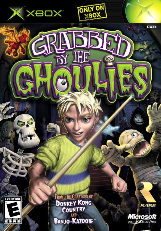Grabbed by the Ghoulies retro Xbox video game Grabbed by the Ghoulies spooky action adventure beat em up platform style comedy horror game Rare developed console title Xbox release cover art