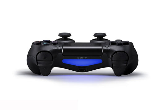 Black Sony DualShock 4 wireless controller for PlayStation 4 featuring touchpad, light bar, analog sticks, and ergonomic design