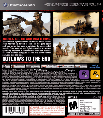 Red Dead Redemption back cover art for PlayStation 3 (PS3) video game
