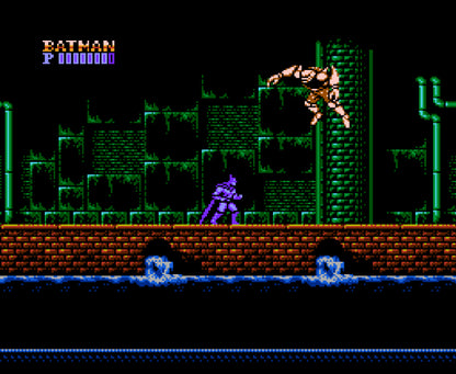 Batman The Video Game game for the Nintendo Entertainment System featuring side scrolling action platformer gameplay with wall jumping mechanics projectile weapons and challenging levels as Batman battles enemies across Gotham City inspired by the 1989 film gameplay