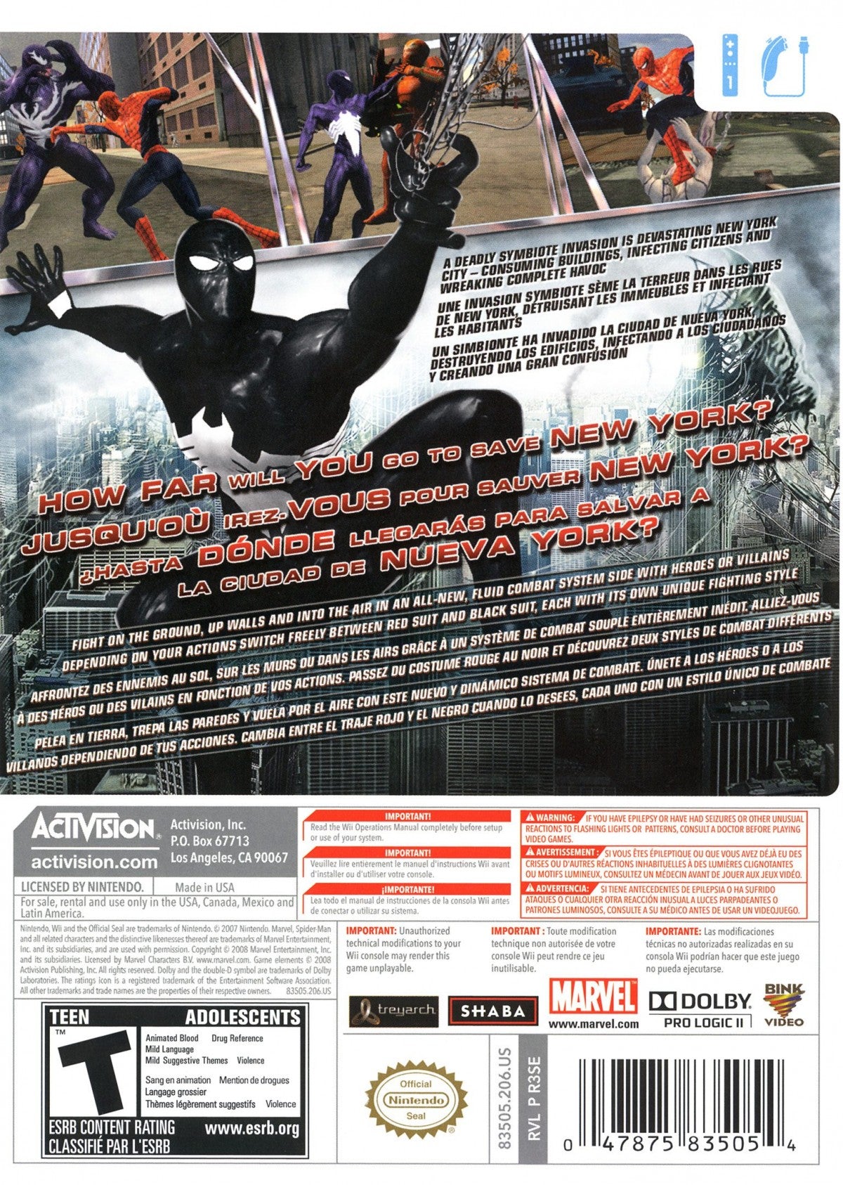 Spider-Man: Web of Shadows – Nintendo Wii (Wii) action-adventure superhero combat video game back of case